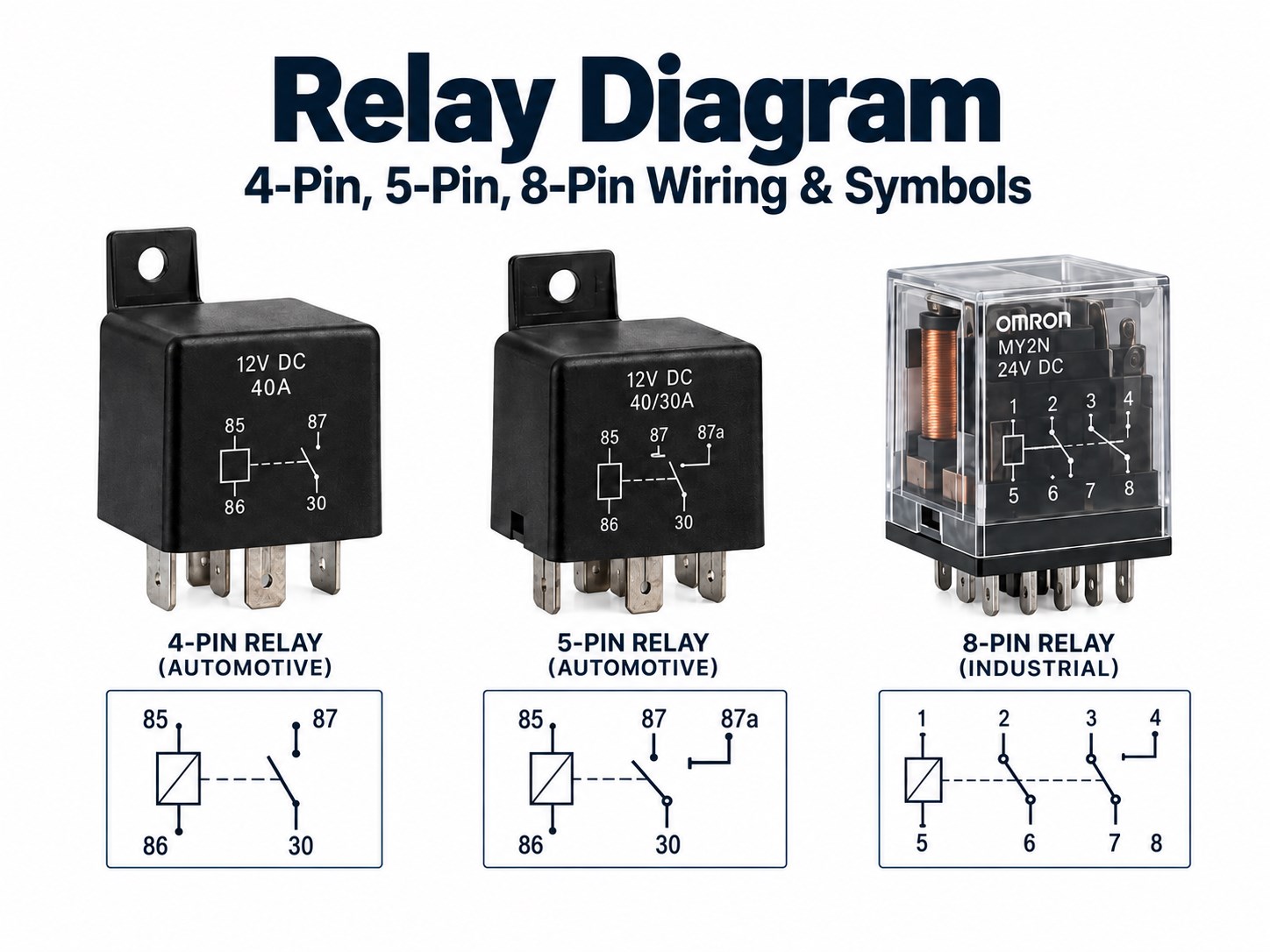 Relay diagram showing 4-pin 5-pin and 8-pin relay wiring and symbols