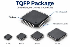 TQFP package overview showing thin body gull-wing leads visible solder joints and common pin counts