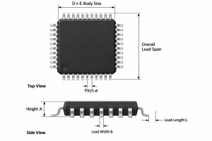 TQFP package dimension drawing showing body size overall lead span pitch height lead width and lead length