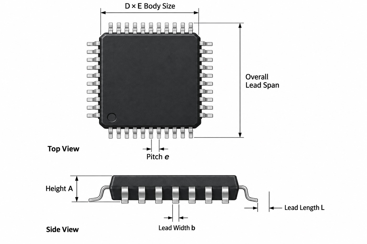 TQFP package dimension drawing showing body size overall lead span pitch height lead width and lead length