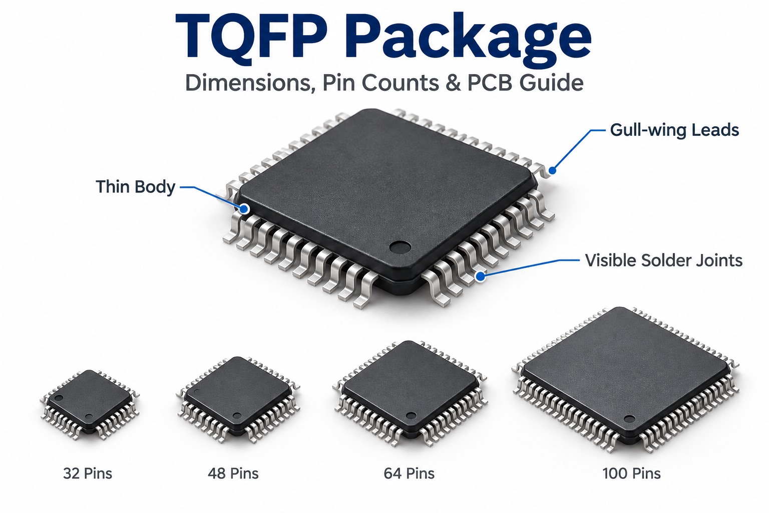 TQFP package overview showing thin body gull-wing leads visible solder joints and common pin counts