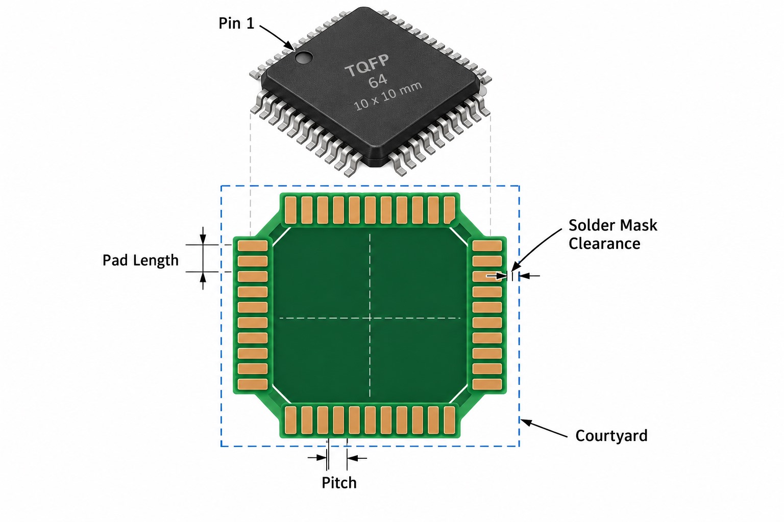 TQFP PCB footprint design showing pad length pitch solder mask clearance courtyard and pin 1
