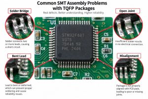 Common TQFP SMT assembly defects including solder bridge open joint bent lead and misalignment