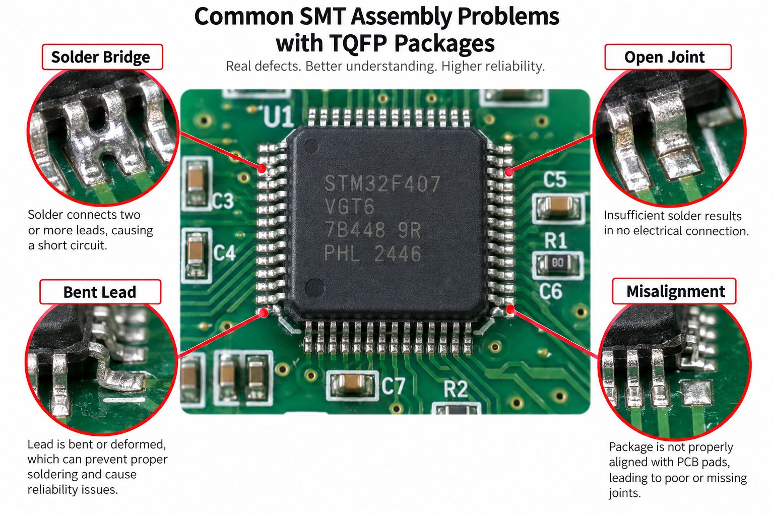 Common TQFP SMT assembly defects including solder bridge open joint bent lead and misalignment