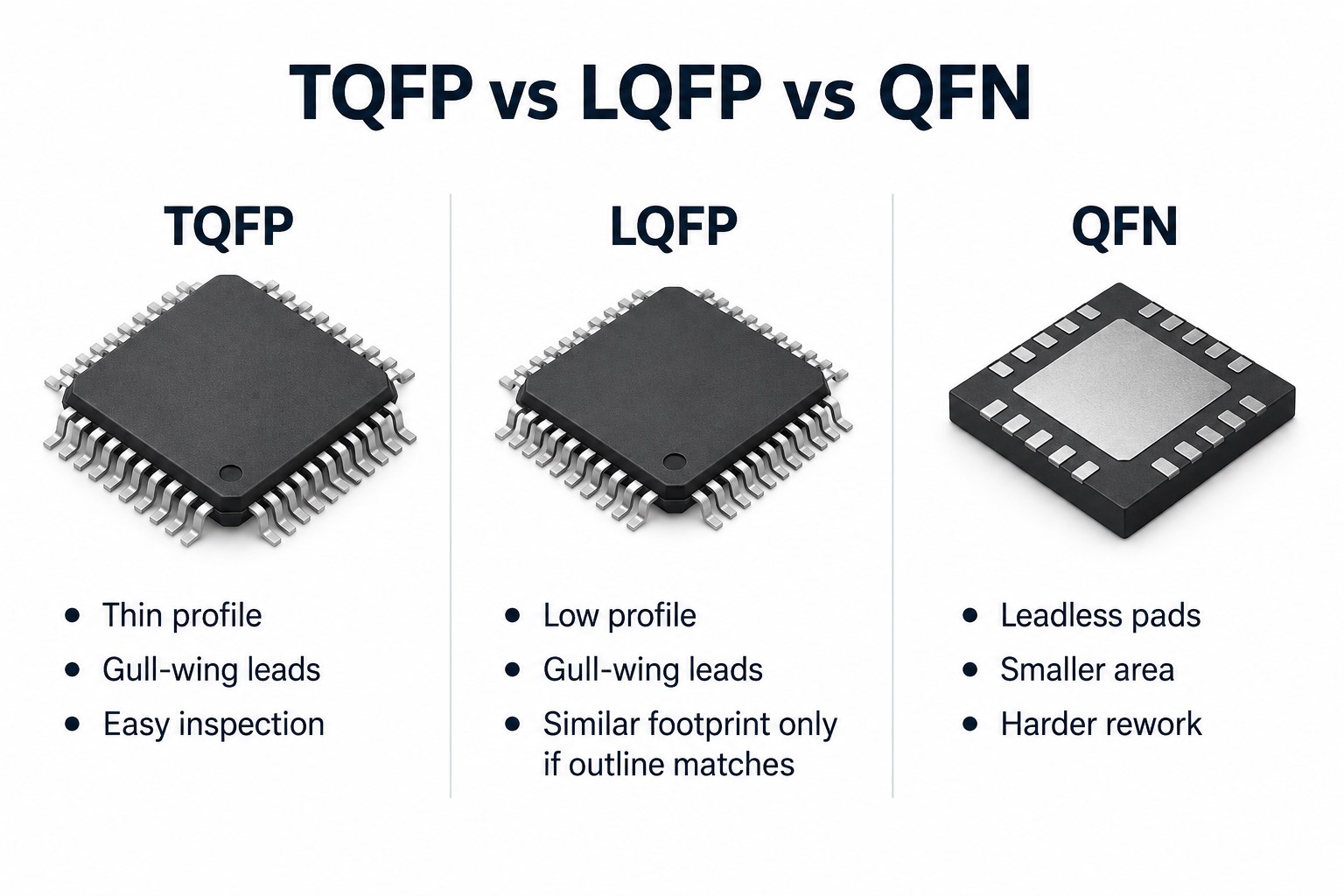 TQFP versus LQFP versus QFN package comparison