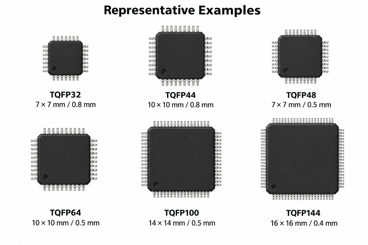 Representative TQFP32 TQFP44 TQFP48 TQFP64 TQFP100 and TQFP144 package examples