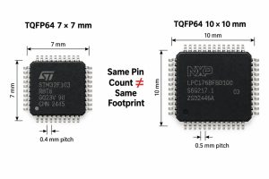 TQFP64 comparison showing same 64 pin count with 7 by 7 mm and 10 by 10 mm packages and different pitch