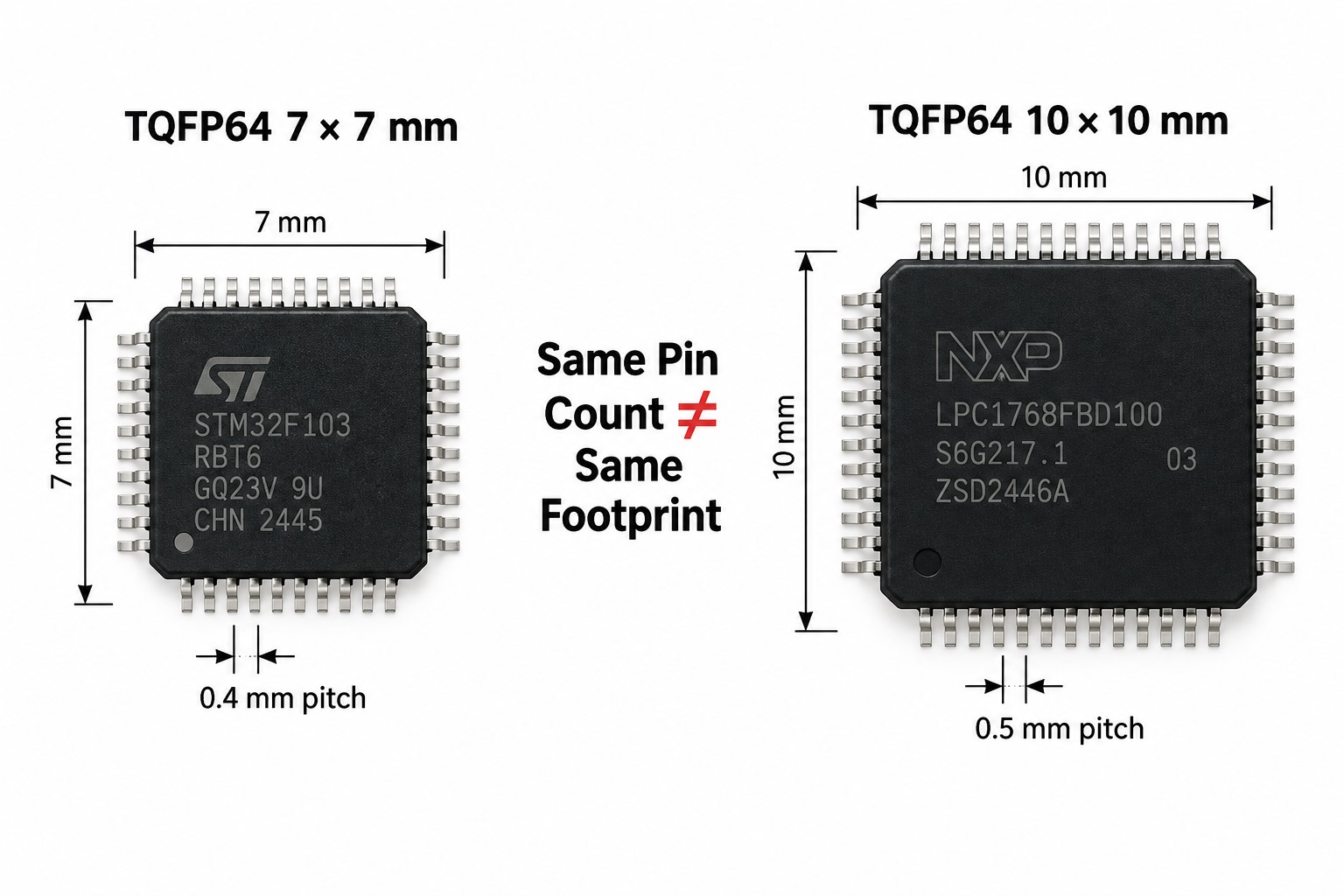 TQFP64 comparison showing same 64 pin count with 7 by 7 mm and 10 by 10 mm packages and different pitch