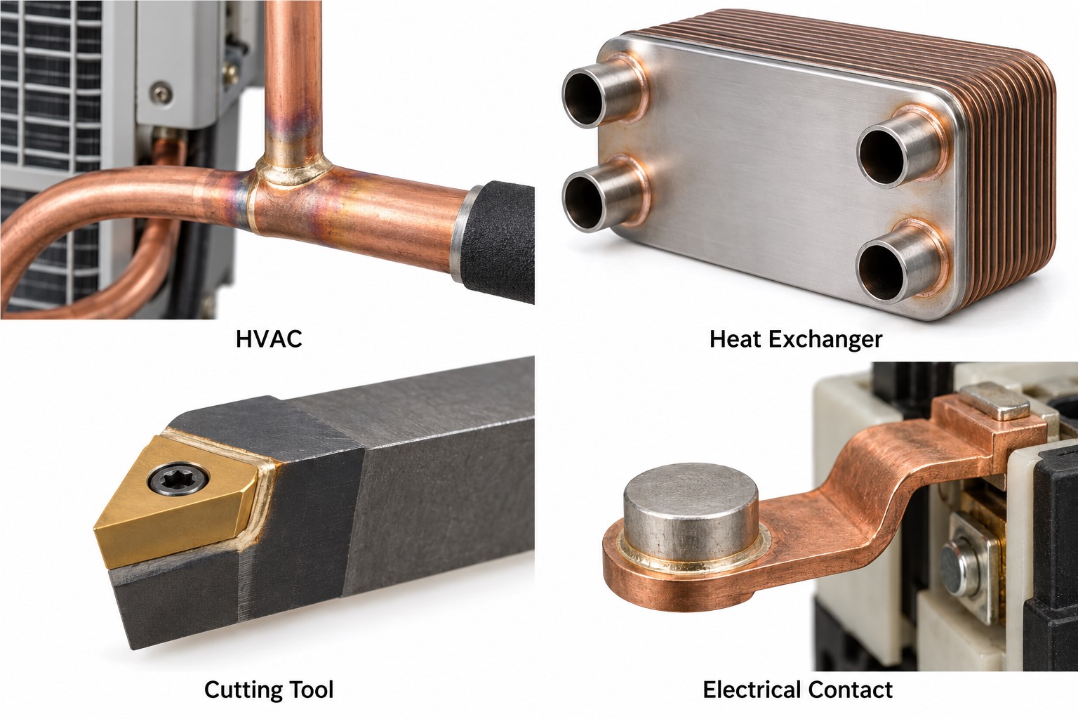 Industrial brazing applications including HVAC heat exchanger cutting tool and electrical contact