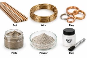 Brazing filler metal forms including rod wire ring paste powder and brazing flux