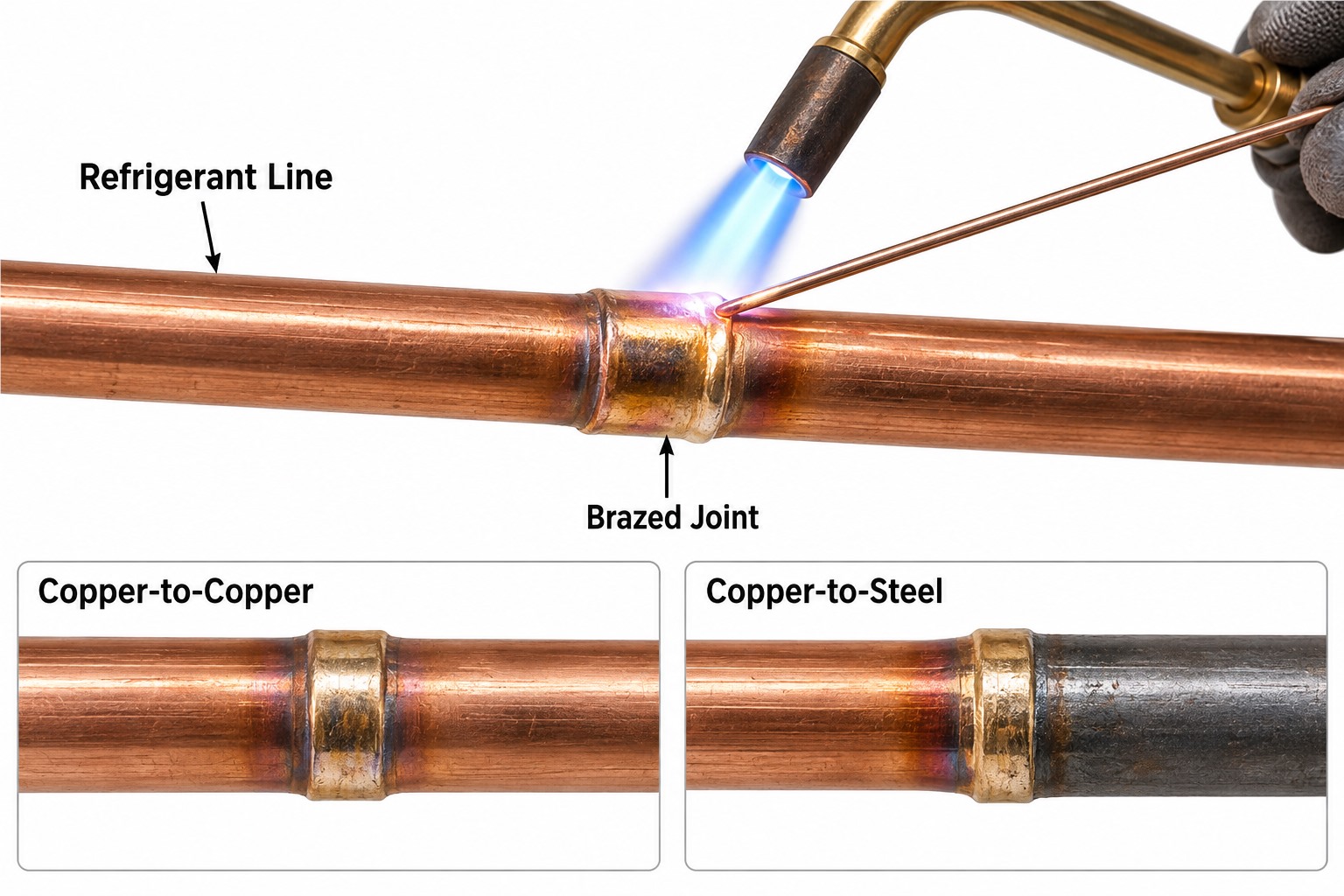 HVAC brazing copper refrigerant line with copper-to-copper and copper-to-steel joint examples