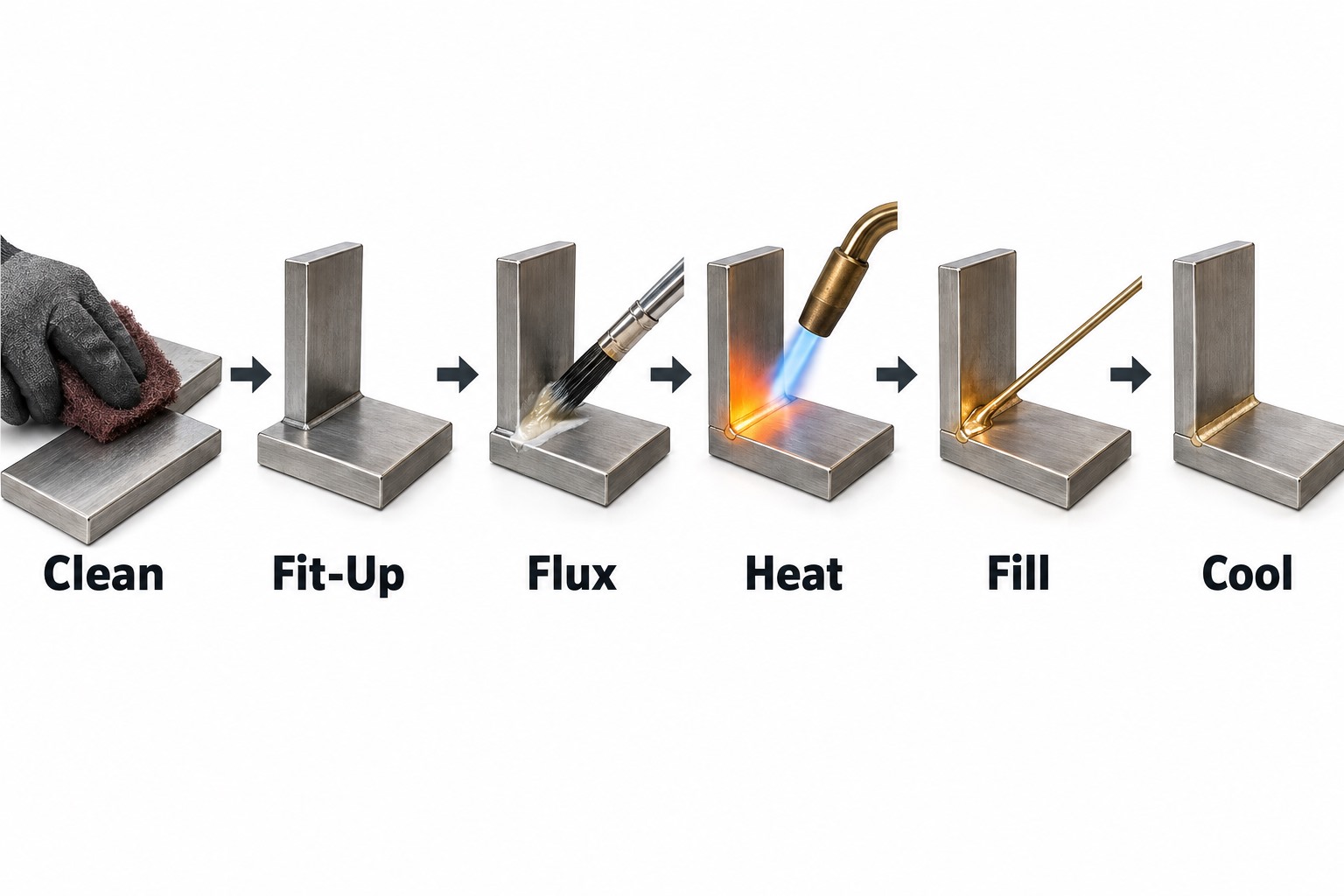 Brazing process steps showing cleaning fit-up flux heating filler application and cooling