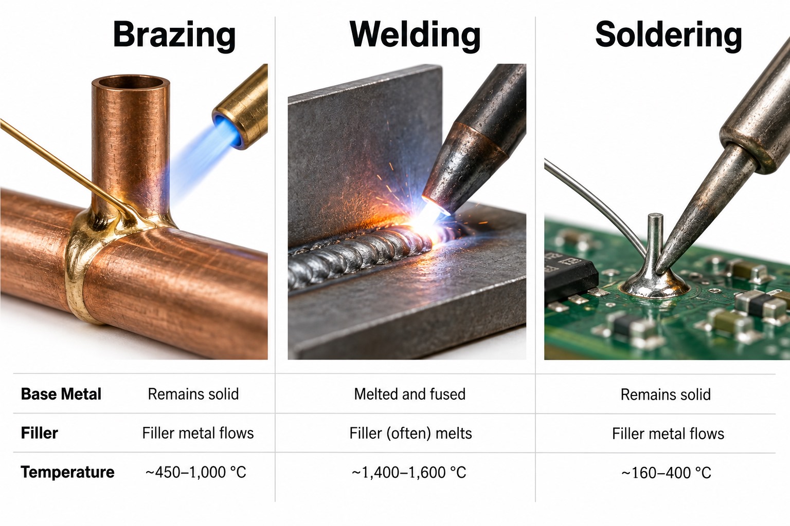 Brazing welding and soldering comparison showing base metal condition filler behavior and temperature ranges