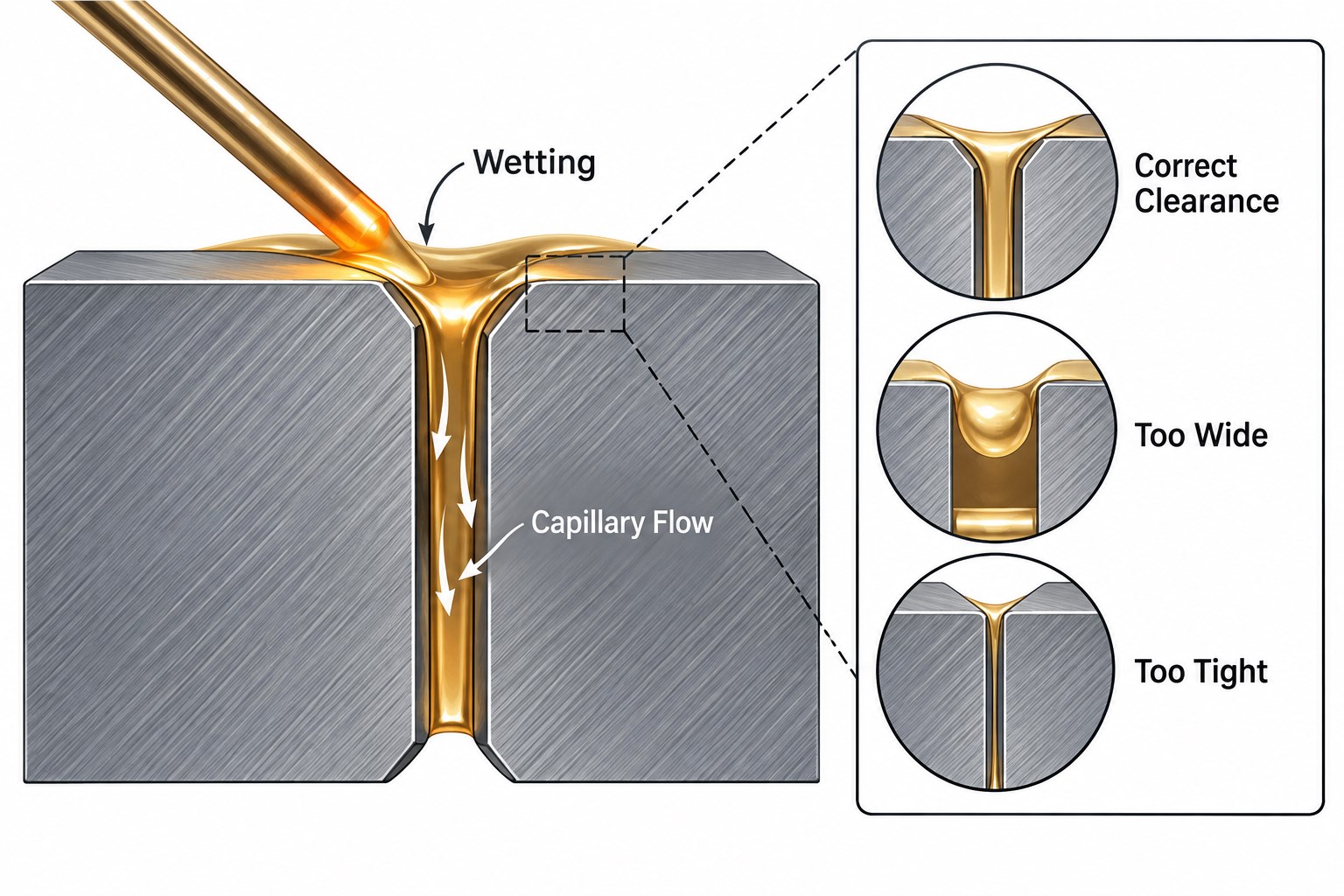Brazing wetting and capillary action diagram showing correct clearance too wide and too tight joints