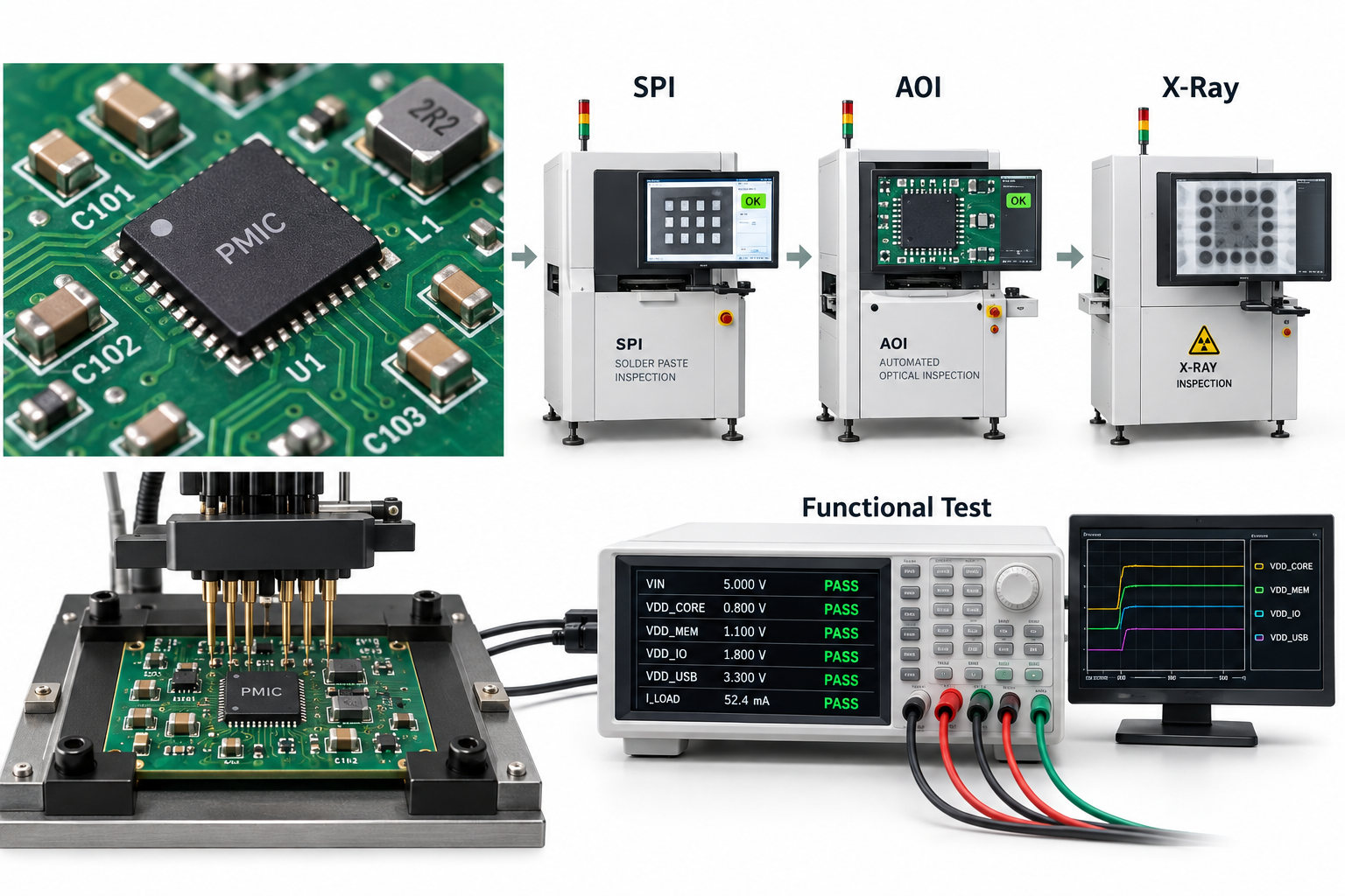 PMIC PCB assembly and testing flow with SPI AOI X-ray and functional test equipment