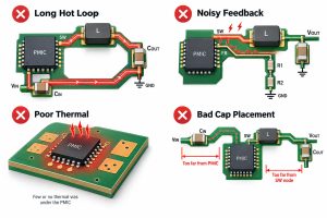Common PMIC PCB design mistakes including long hot loop noisy feedback poor thermal design and bad capacitor placement