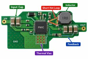 PMIC PCB layout with input capacitor short hot loop inductor feedback routing and thermal vias