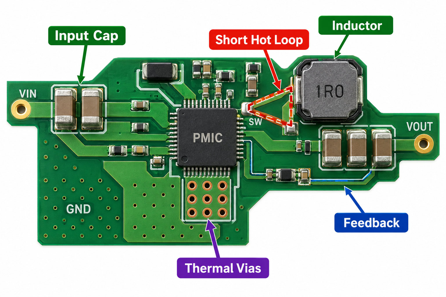 PMIC PCB layout with input capacitor short hot loop inductor feedback routing and thermal vias
