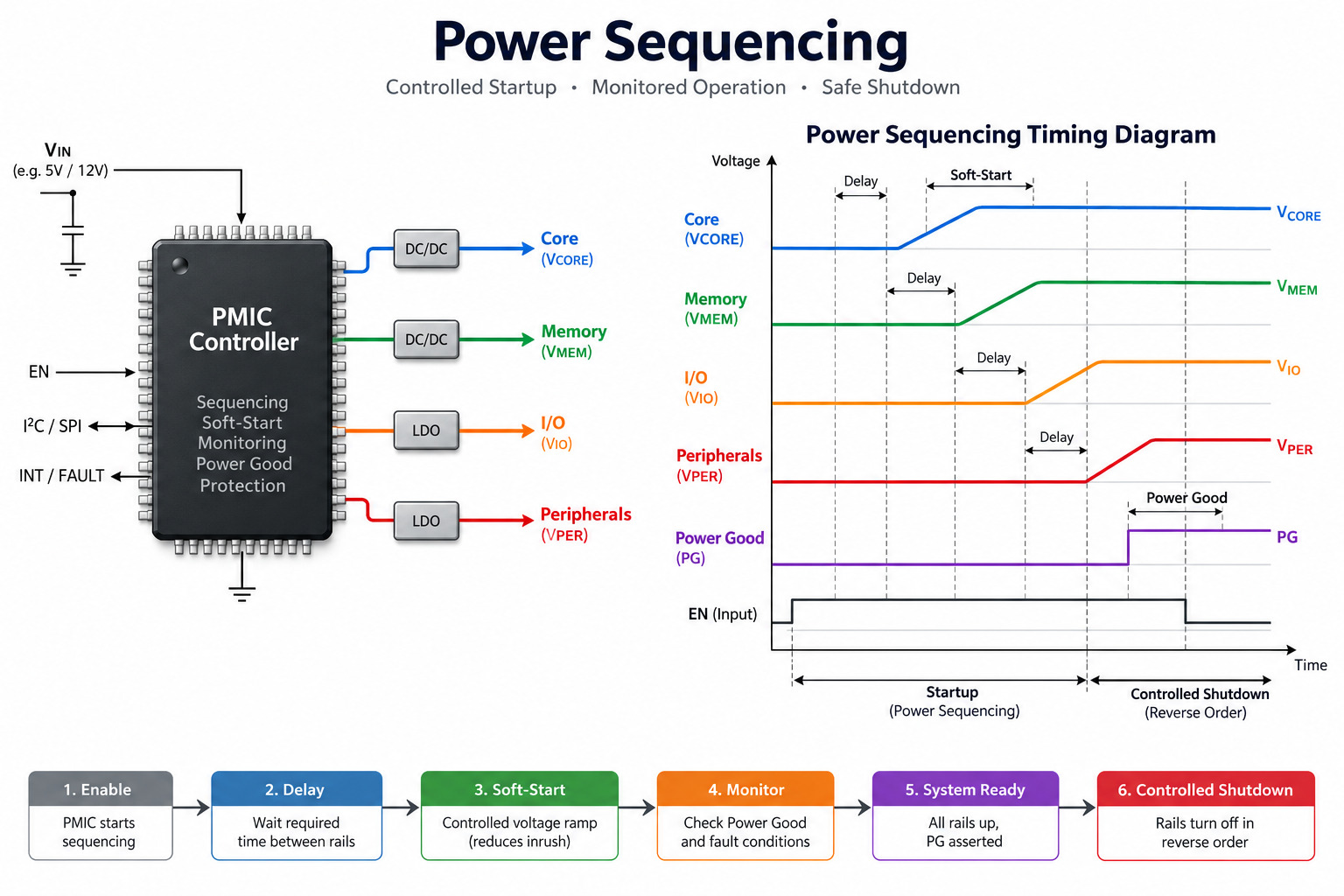 PMIC power sequencing timing diagram with core memory I/O peripheral rails soft start delay power good and shutdown