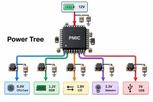 PMIC multi-rail power tree showing 12 V input and CPU DDR I/O sensor and USB outputs