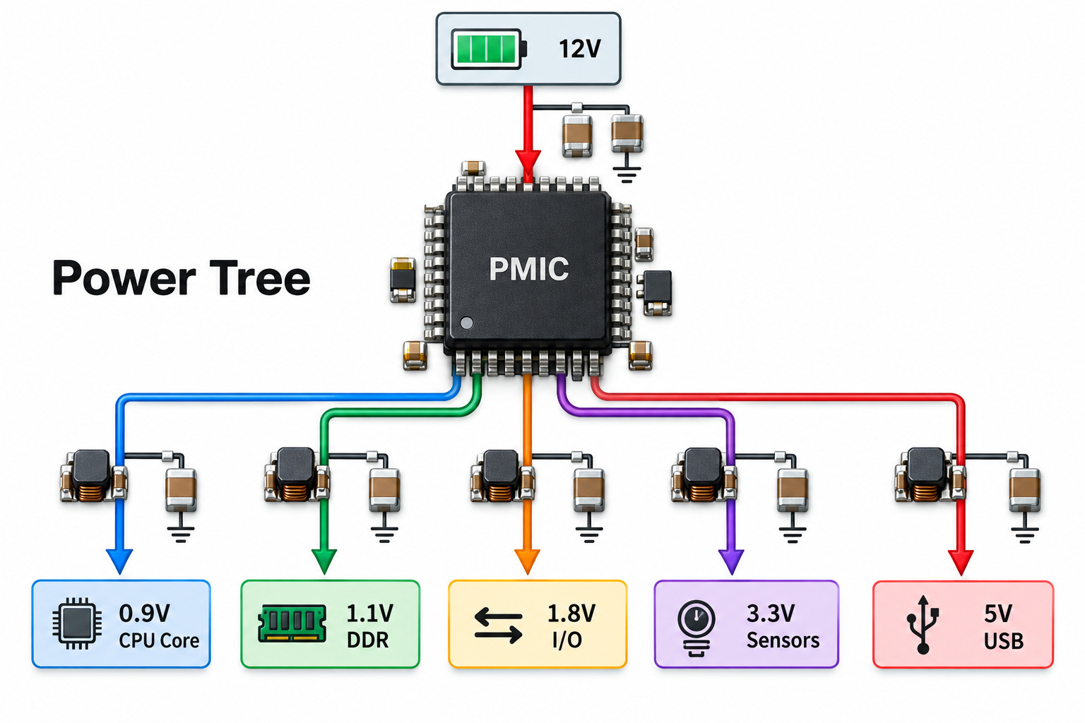 PMIC multi-rail power tree showing 12 V input and CPU DDR I/O sensor and USB outputs