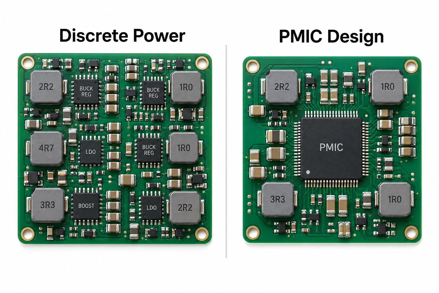 Discrete power design compared with integrated PMIC design on PCB