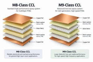 Exploded M8-class and M9-class CCL layer structures with copper foil resin and glass fabric