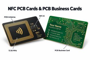 NFC PCB card and PCB business card showing antenna coil NFC IC and 13.56 MHz operation