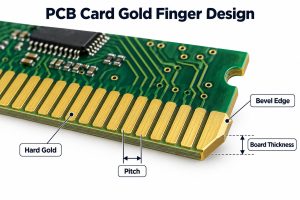 PCB card gold finger design showing hard gold pitch bevel edge and board thickness