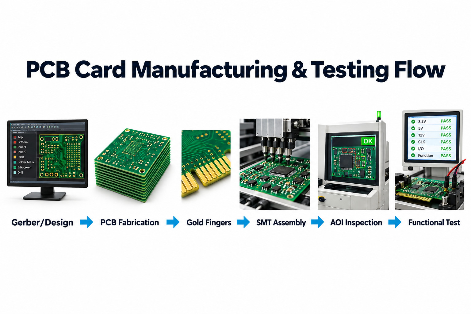 PCB card manufacturing and testing flow from Gerber design to fabrication gold fingers SMT AOI and functional test