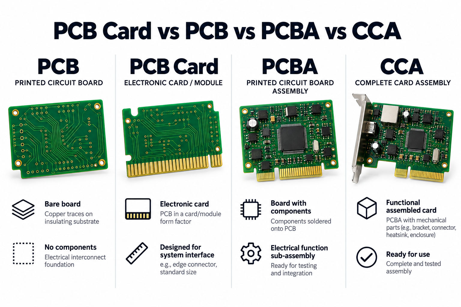 PCB card versus PCB versus PCBA versus CCA terminology comparison