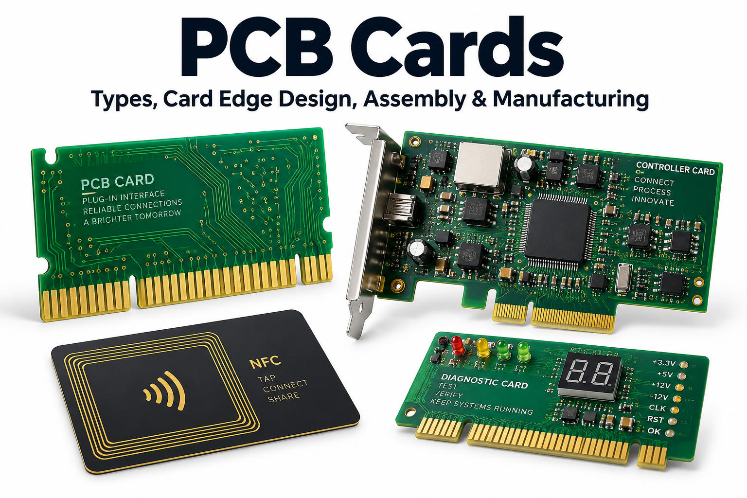 PCB cards including a card-edge board, assembled controller card, NFC PCB card, and diagnostic test card