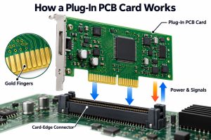 Plug-in PCB card showing gold fingers mating with a card-edge connector for power and signals