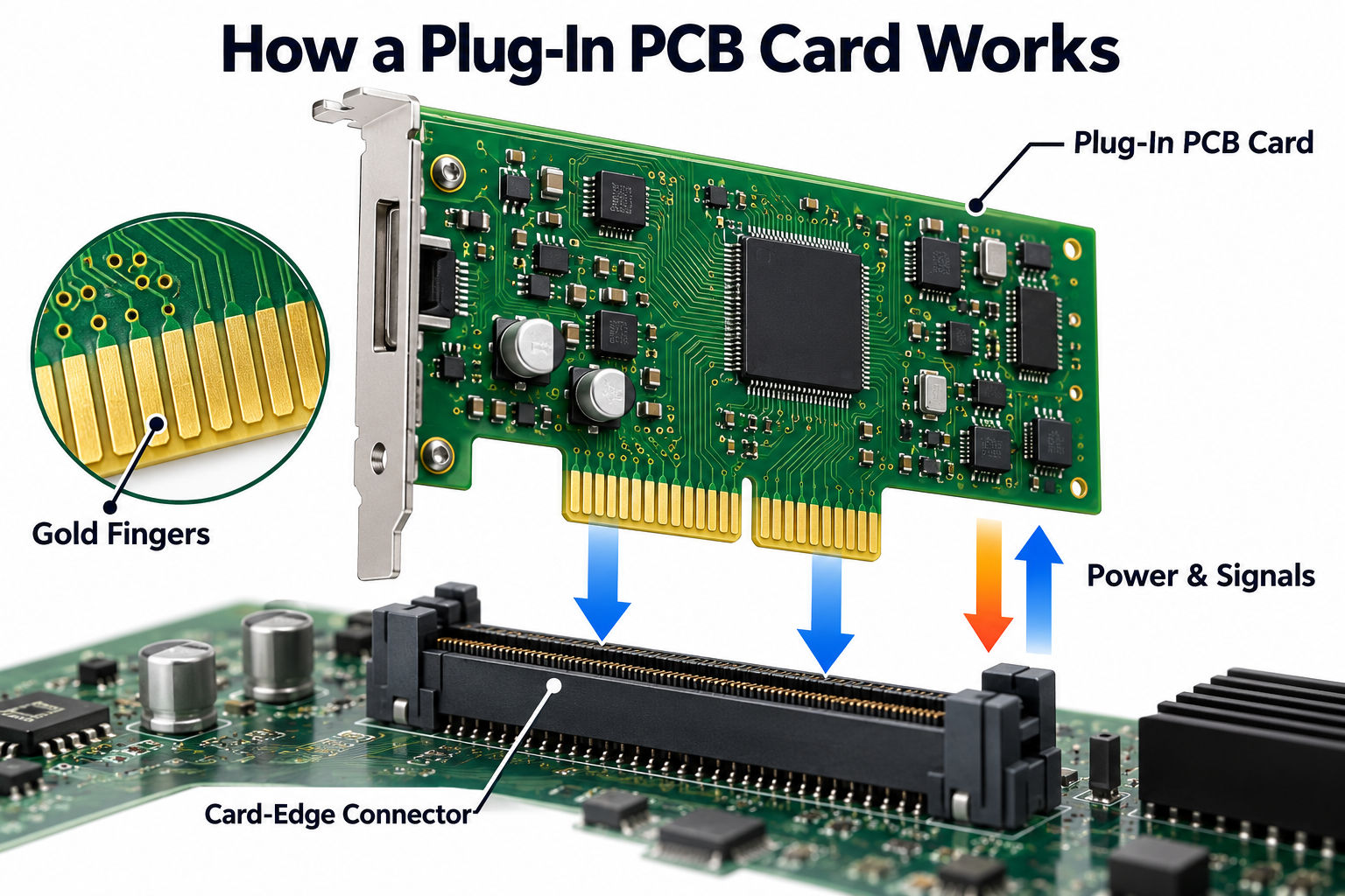 Plug-in PCB card showing gold fingers mating with a card-edge connector for power and signals
