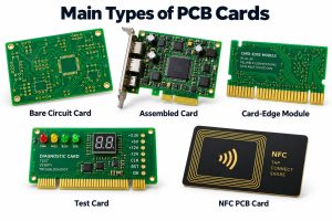 Main types of PCB cards including bare circuit card assembled card card-edge module test card and NFC PCB card
