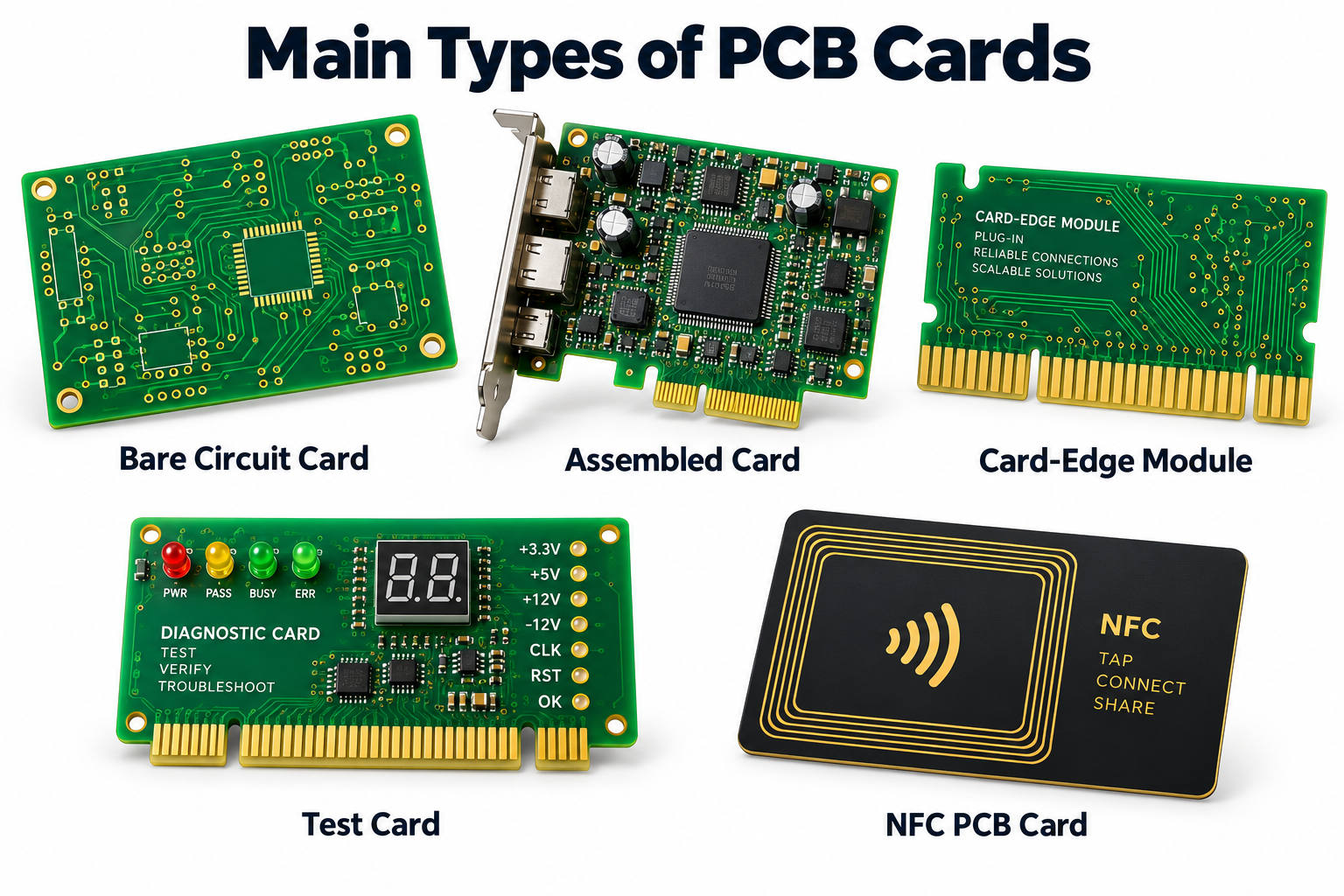 Main types of PCB cards including bare circuit card assembled card card-edge module test card and NFC PCB card