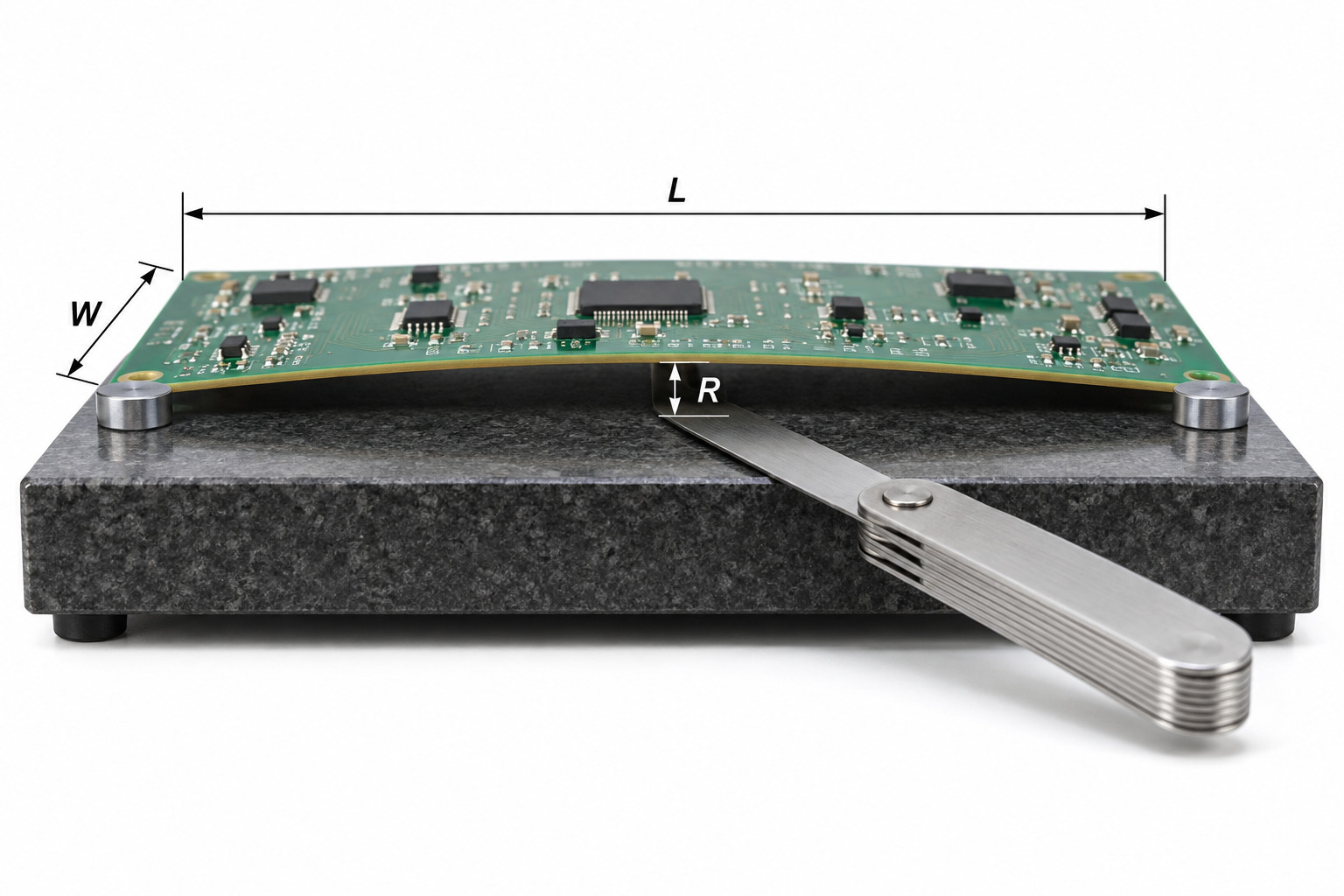 PCB bow measurement using a precision surface plate and feeler gauge with length width and gap dimensions