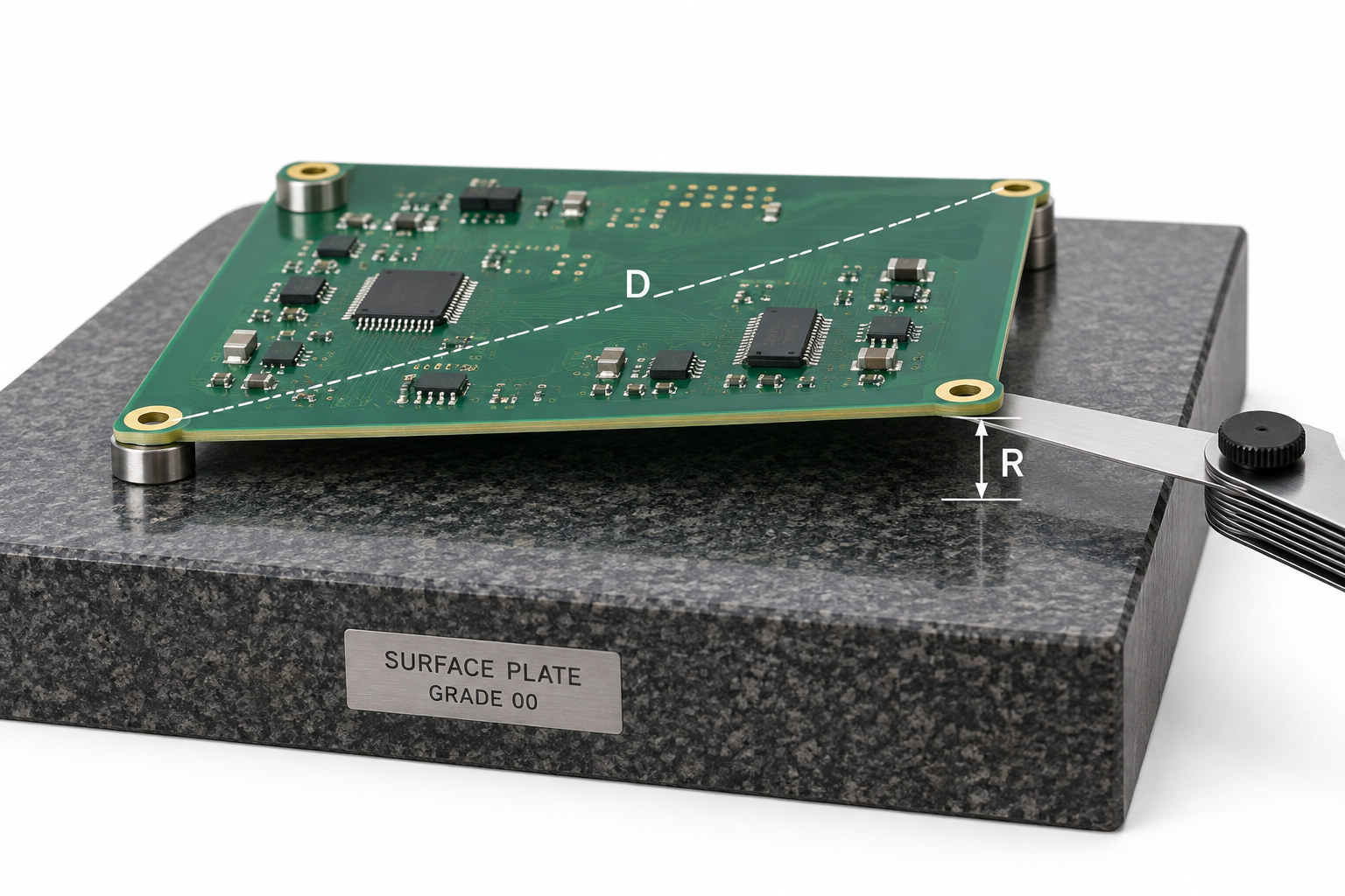 PCB twist measurement showing board diagonal D and raised corner gap R on a precision surface plate