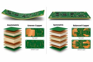 PCB warpage comparison showing asymmetric stackup and uneven copper versus symmetric stackup and balanced copper