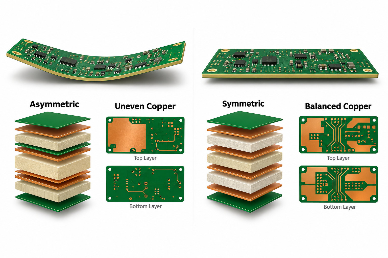 PCB warpage comparison showing asymmetric stackup and uneven copper versus symmetric stackup and balanced copper