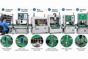 DIP through-hole PCB assembly process from component insertion and pre-solder inspection to wave soldering selective soldering inspection and functional test
