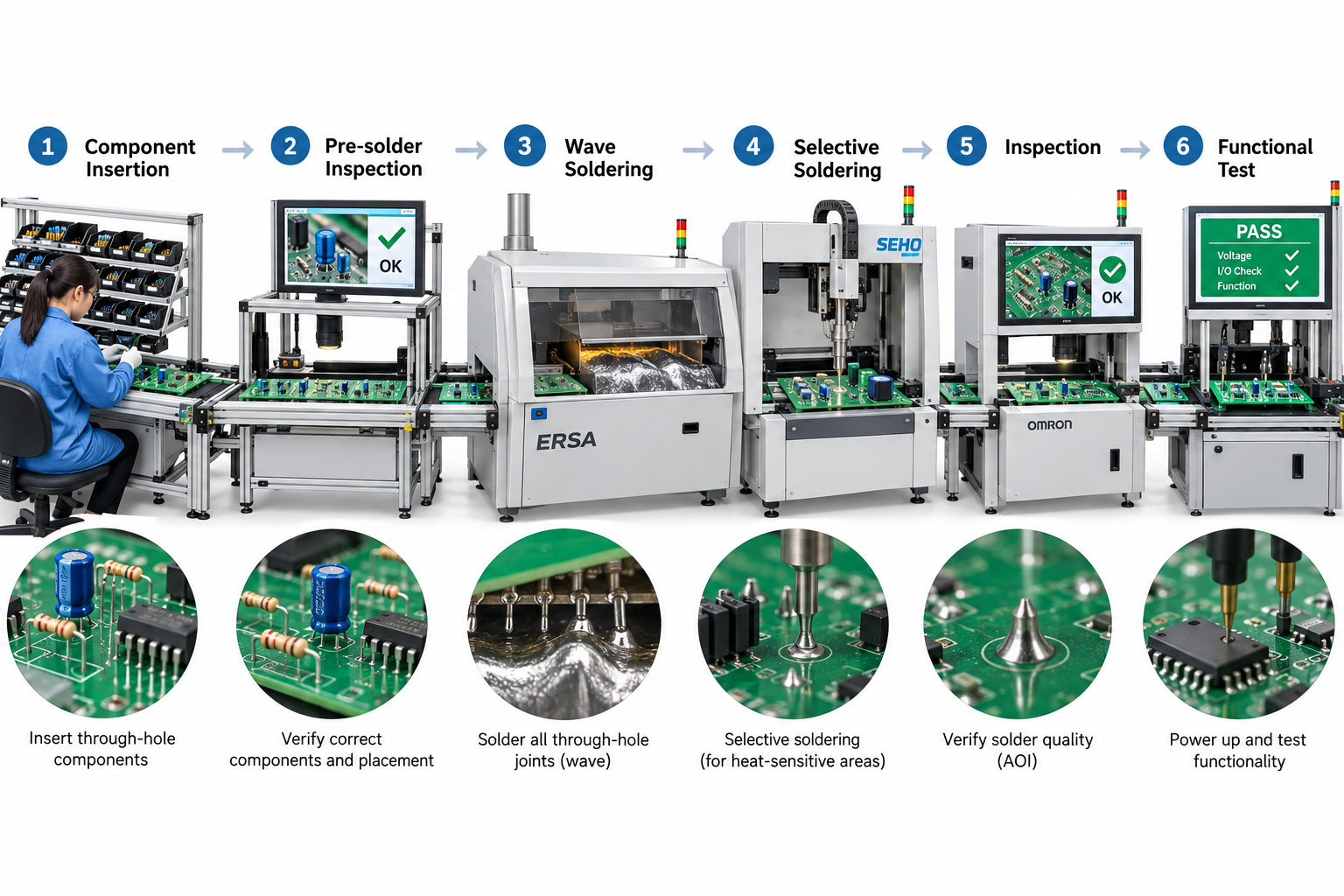 DIP through-hole PCB assembly process from component insertion and pre-solder inspection to wave soldering selective soldering inspection and functional test