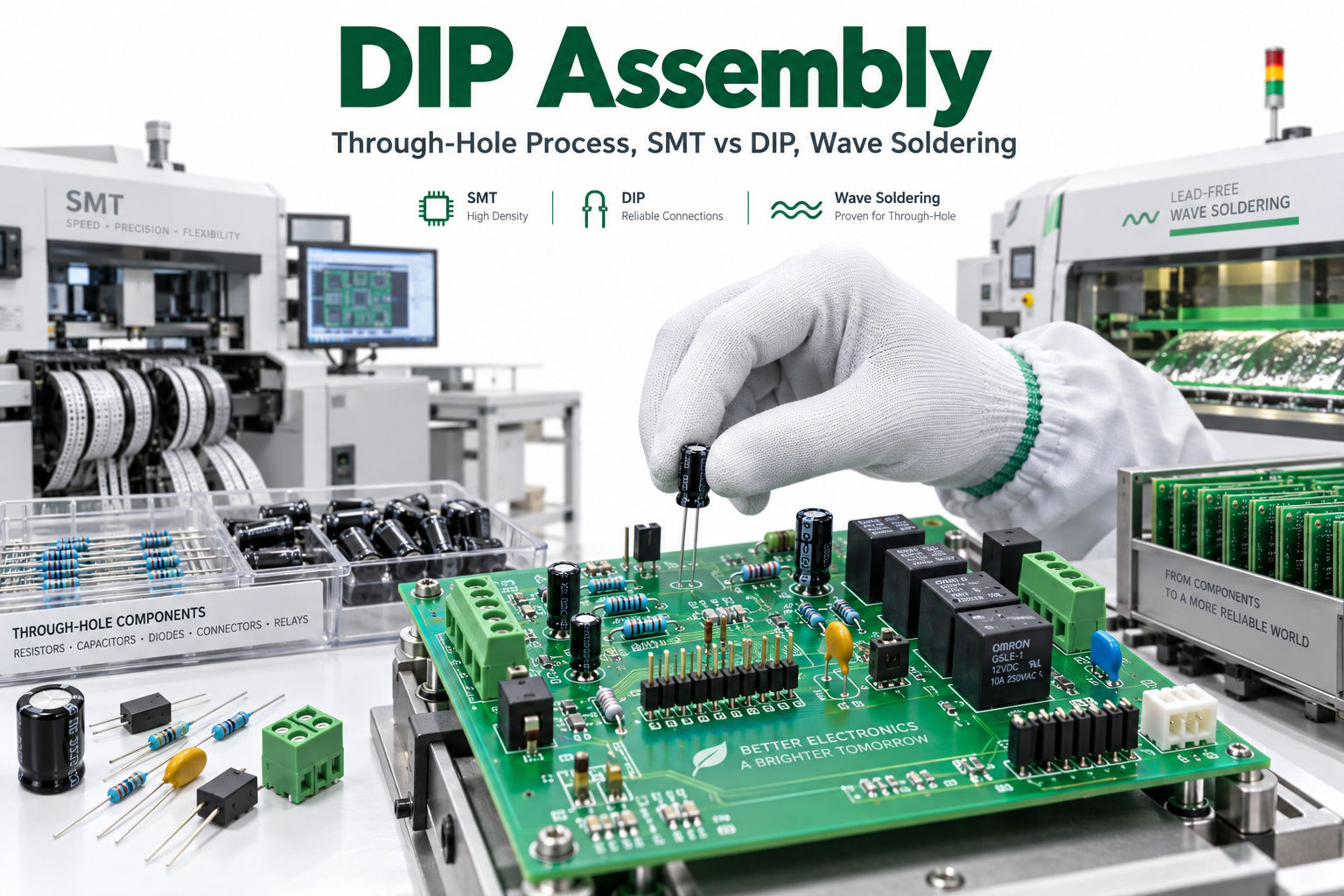 DIP assembly production area with through-hole component insertion and wave soldering equipment