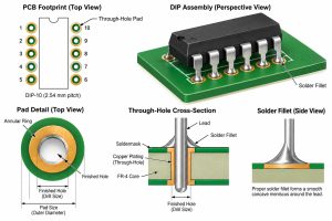 DIP through-hole PCB design showing finished hole annular ring plated hole solder fillet and DIP footprint