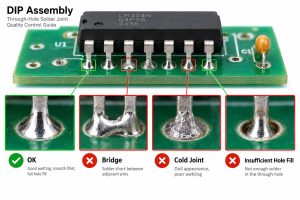 DIP through-hole solder joint quality guide showing good joint solder bridge cold joint and insufficient hole fill