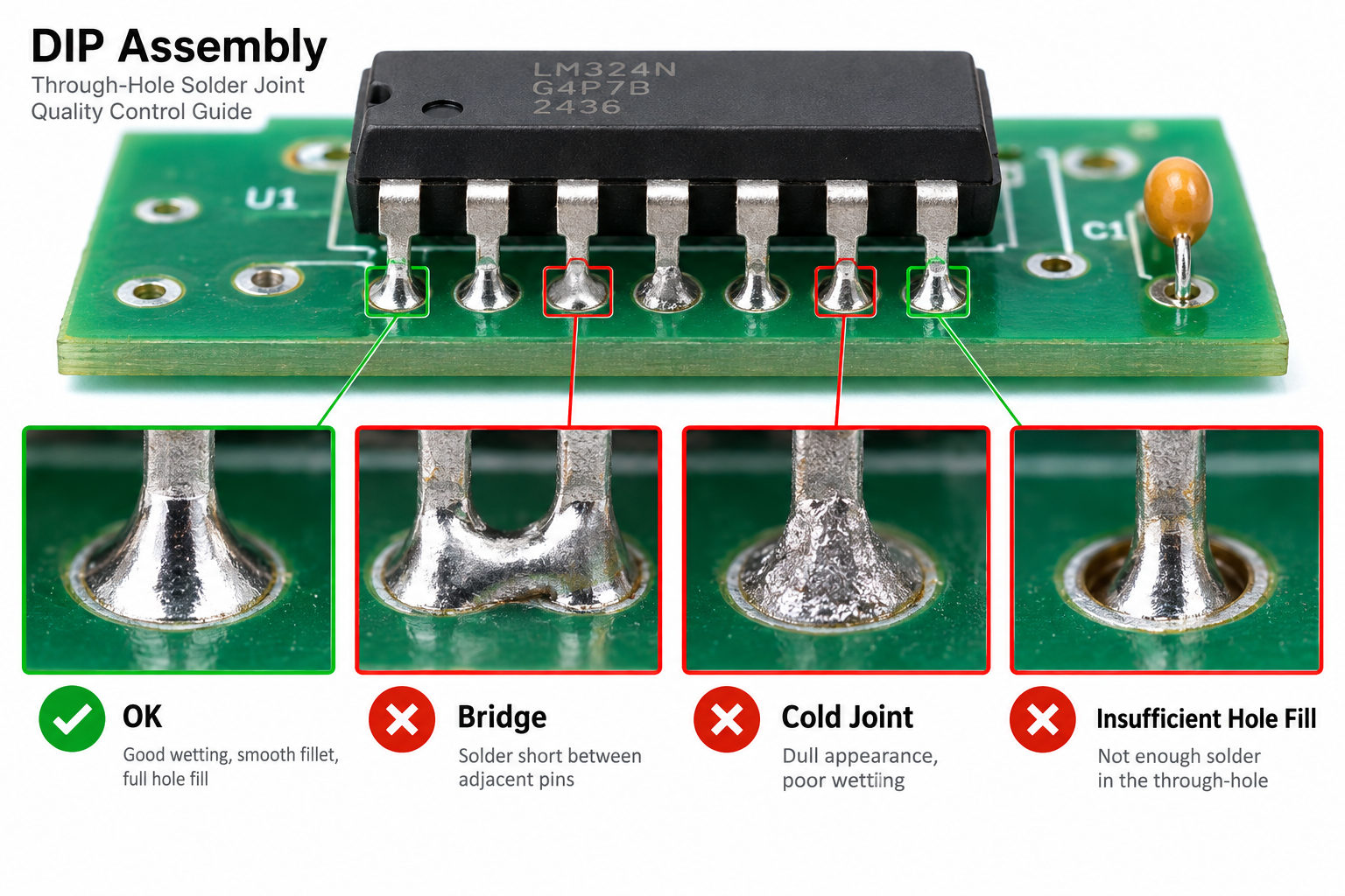 DIP through-hole solder joint quality guide showing good joint solder bridge cold joint and insufficient hole fill
