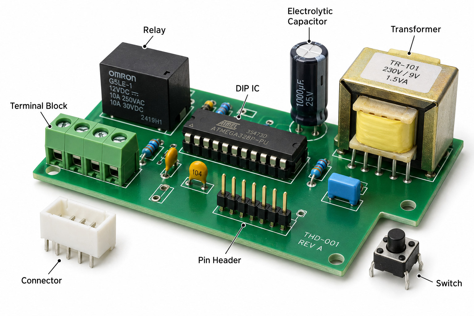Common through-hole components including relay DIP IC electrolytic capacitor transformer connector terminal block pin header and switch
