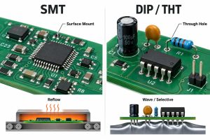 SMT versus DIP through-hole PCB assembly comparison with reflow and wave selective soldering