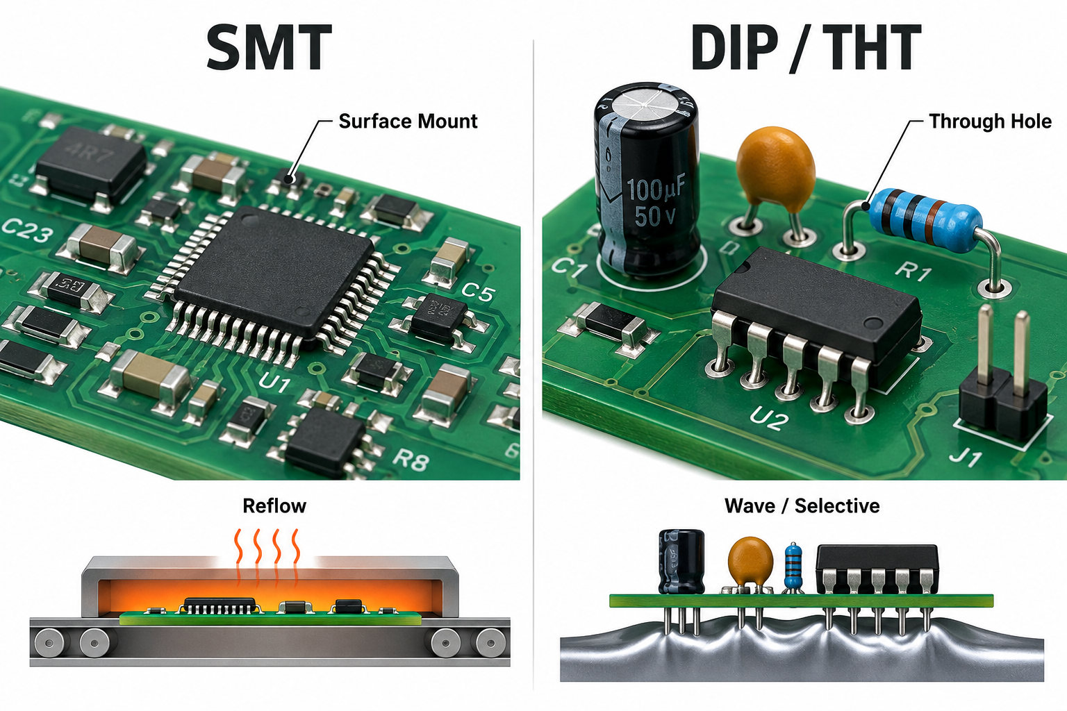 SMT versus DIP through-hole PCB assembly comparison with reflow and wave selective soldering