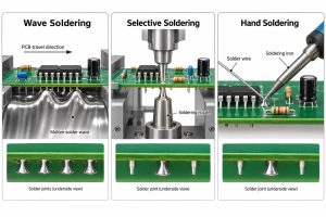 Wave soldering selective soldering and hand soldering comparison for DIP through-hole assembly